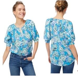 Chico's Blue Tropical Shell Print Puff Sleeve Ramie Blouse Top Size 1.5 US 10